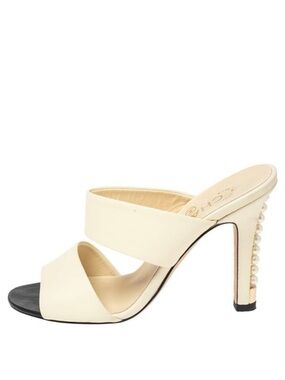 Chanel Cream Leather Pearl Embellished Heels Slide Sandals Size 41